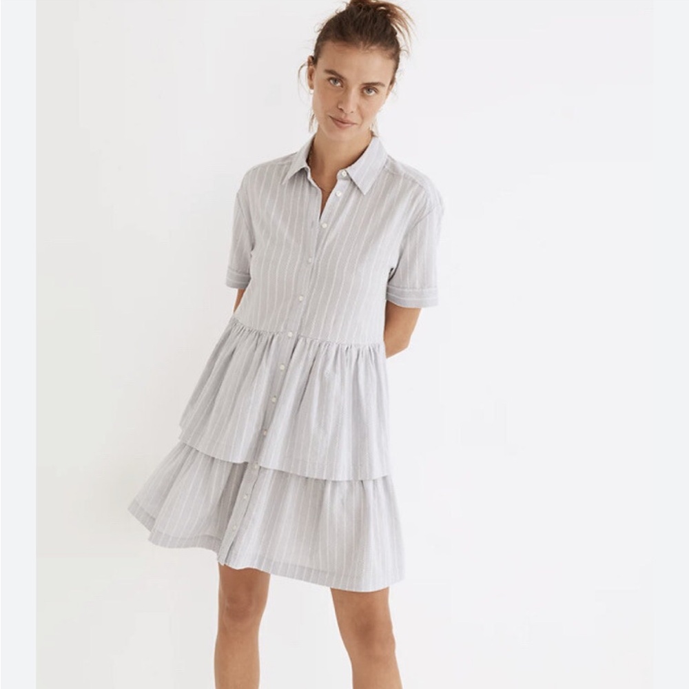 Madewell Gray Striped Tiered Mini Dress